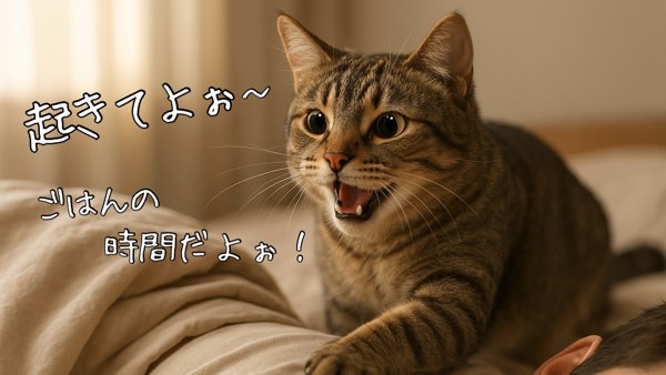 ベッドの上で「起きてよぉ〜ごはんの時間だよ！」と必死に呼びかけるキジトラ猫。元気いっぱいの早朝アピール