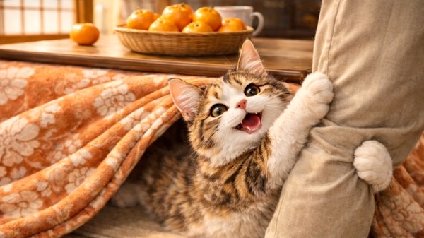 こたつ布団の中から飼い主にしがみつきながら甘える猫。お正月のくつろぎ時間を楽しむ様子。