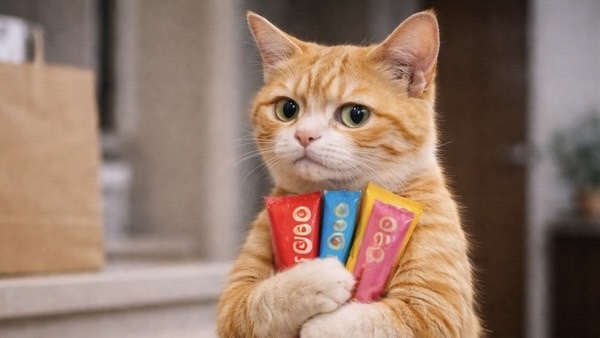 おやつを両前足で大事そうに抱える茶トラ猫。少し緊張した表情でこちらを見つめている姿が可愛い一枚。