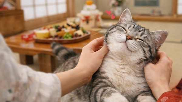 晴れ着姿の飼い主に撫でられ、うっとりと目を細めるキジトラ猫。お正月の穏やかな時間。