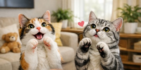 並んで座り、同時におねだりポーズをする2匹の猫。息の合ったかわいらしい瞬間。