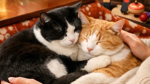 炬燵に入った飼い主の膝の上で、寄り添って眠る2匹の猫。お正月の静かな時間を感じさせる穏やかな寝顔。