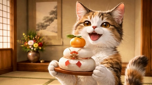 お正月の和室で、鏡餅を手に持ち嬉しそうに微笑む猫。新年を祝う縁起の良い雰囲気の中、愛らしい表情を見せる猫の様子。