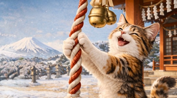 初詣の神社で鈴を鳴らすような仕草をする猫。新年の幸せを願う一場面。