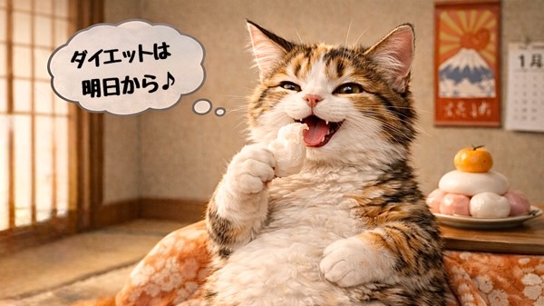 「ダイエットは明日から」と言いたげな表情でお餅を見つめるふくよかな猫。お正月らしいユーモラスな一枚。