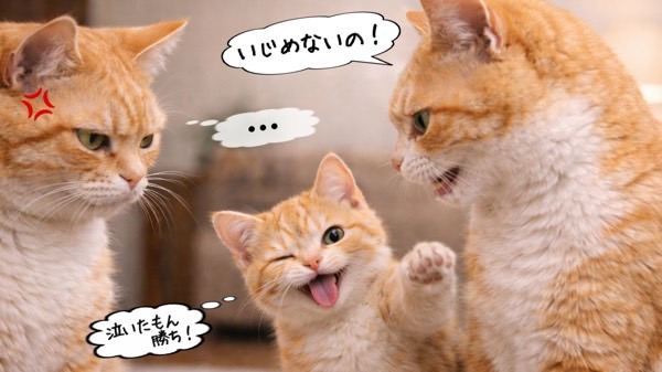 2匹の猫が向かい合い、真ん中の子猫が舌を出して挑発するようなコミカルなシーン。吹き出し付きの楽しい一枚。