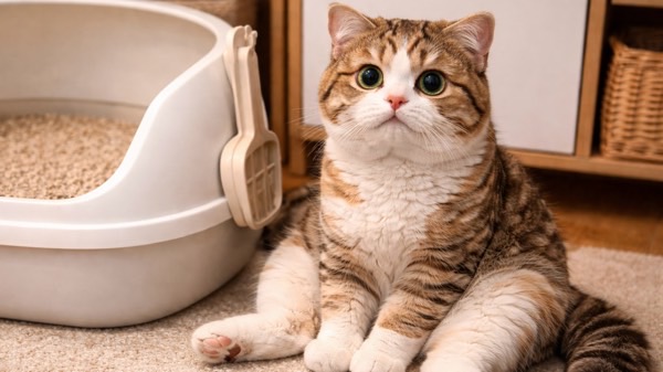 トイレの前で落ち着いた表情を見せる猫。うんち後にダッシュしないタイプの猫の様子。