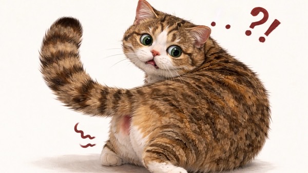 お尻に違和感を覚えて振り返る猫のイラスト。うんち後に気にする仕草のイメージ。