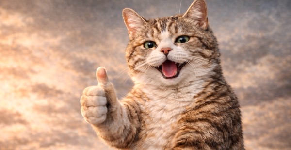親指を立てて満足そうな表情をする猫のイラスト。シニアでも元気に暮らすイメージ。