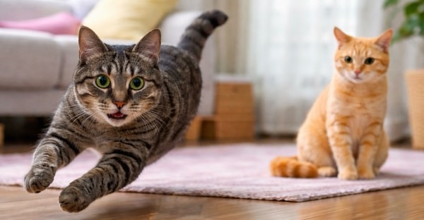 1匹はダッシュ、もう1匹は見守るだけ。猫の性格差が出るうんちダッシュ。