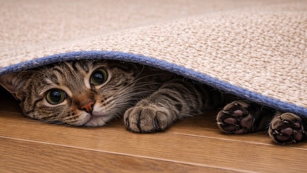 床とカーペットの間に潜り、落ち着いてはいるが元気のない様子の猫