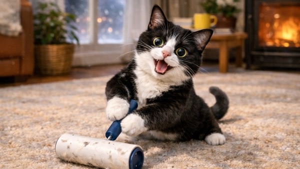 床に置いた粘着クリーナー(コロコロ)を使い、楽しそうな表情で掃除をする猫のイメージ