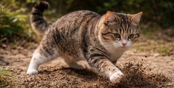 屋外で排泄後に砂かけする猫。野生では痕跡を消すための大切な習慣。