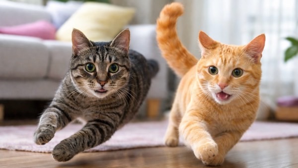 2匹の猫がうんち後の勢いで一緒に走り出すシーン。つられて走る猫の行動例。