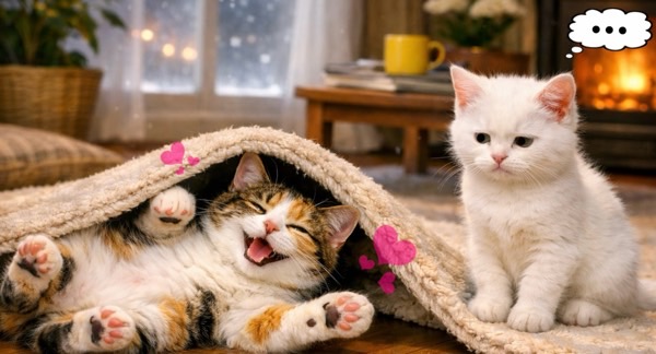 カーペットの下で仰向けになって遊ぶ猫と、隣で見守る白い子猫の対照的な表情