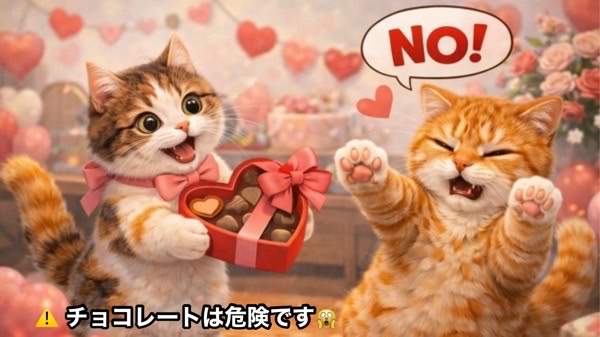 バレンタインのチョコレートを前に、猫にとって危険な食べ物であることを伝えるイメージ画像